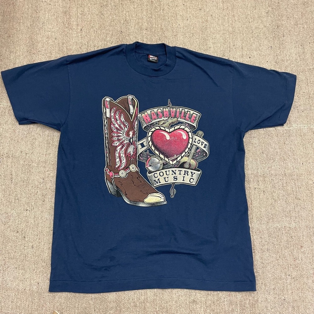 Vintage Nashville Country Music T Shirt Mens XL Blue 1990s Fruit of the Loom